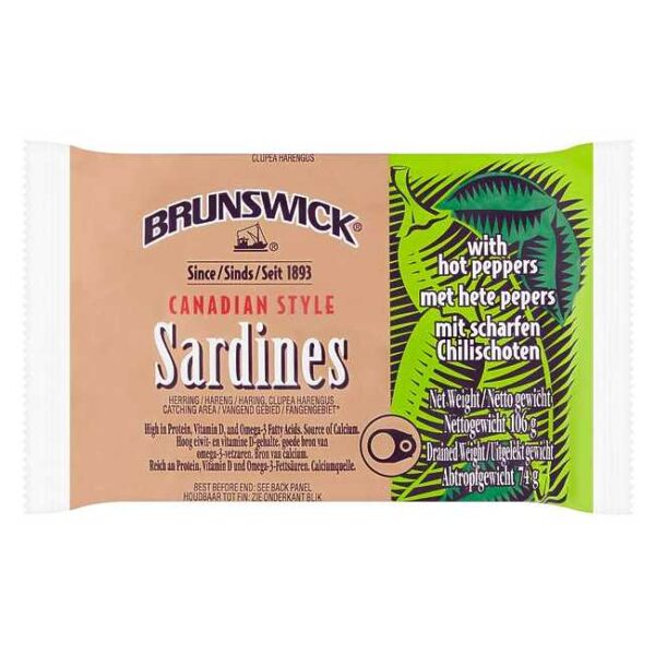 Brunswick kanadiske sardiner i sterk chiliolje, boks à 106 g