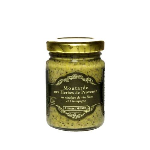 Moutarde aux herbes de Provence (sennep med urter fra Provence) fra franske Albert Ménés, glass á 100g