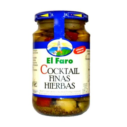 Glass med 350 g spanske urtemarinerte oliven og andre pickles