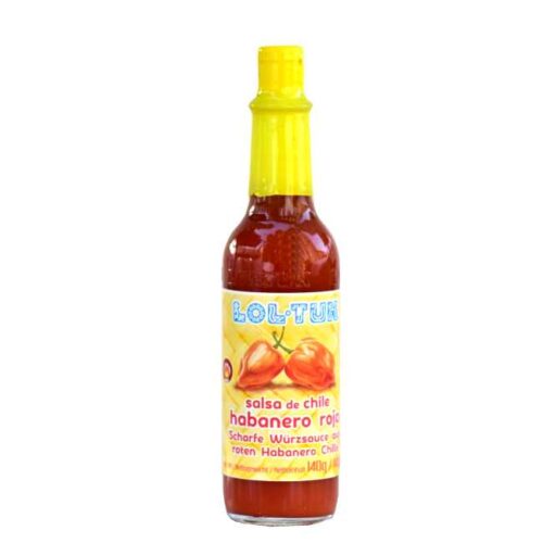 140 ml chilisaus av rød habanerochili (derav 34% habanero), laget i Mexico