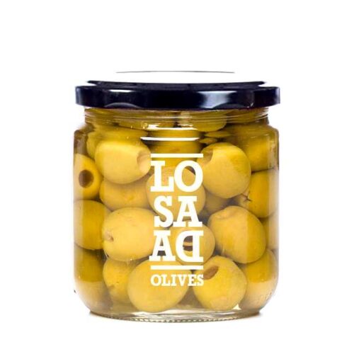 345 g hele, steinløse manzanillaoliven i saltlake (derav 169 g oliven)