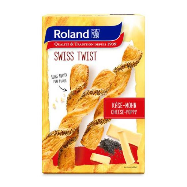 Butterdeigsnacks med ost og valmuefrø fra sveitsiske Roland, 100 g