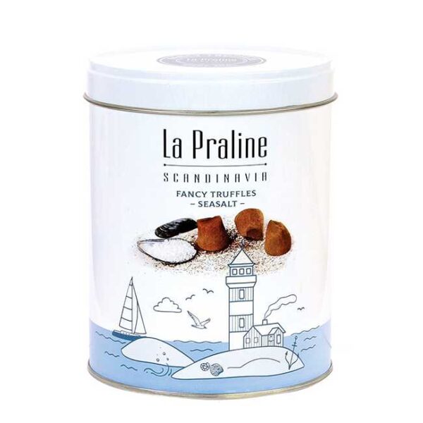 200 g sjokoladetrøfler med havsalt, i en lekker boks fra La Praline