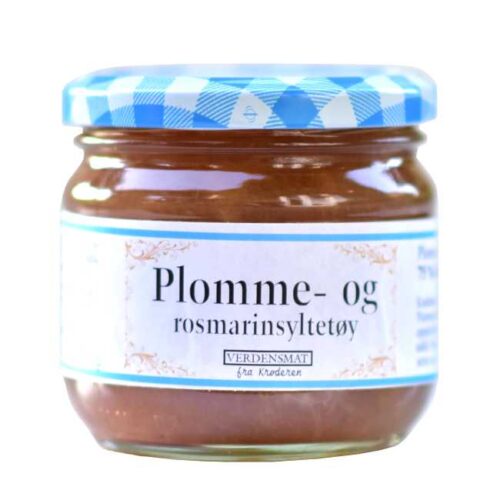 220 g plommesyltetøy krydret med rosmarin. Produsert på Krøderen, med plommer fra hager på Krøderen.