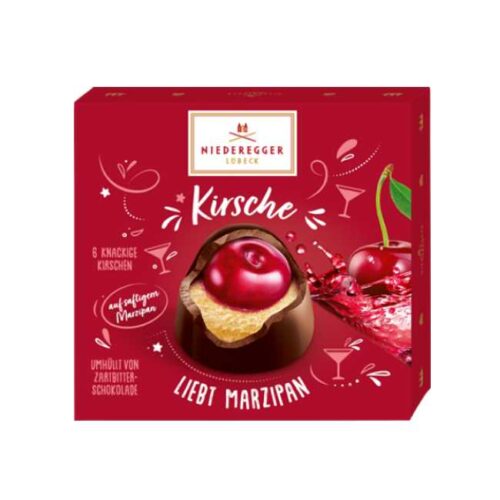 Konfekteske med 108 g marsipankonfekt med kirsebær og sjokolade (6 stykk), fra Niederegger  i Lübeck