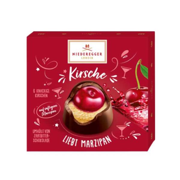 Konfekteske med 108 g marsipankonfekt med kirsebær og sjokolade (6 stykk), fra Niederegger  i Lübeck