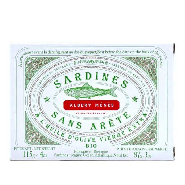 115 g franske, beinfrie, økologiske sardiner i extra virgin olivenolje