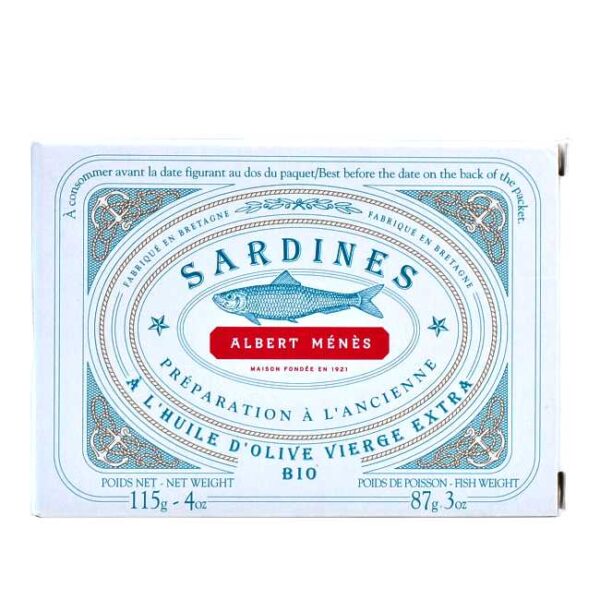 115 g franske, økologiske sardiner i extra virgin olivenolje
