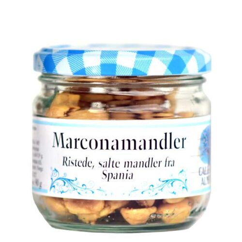 90 g skoldede, ristede og saltede marconamandler på glass fra Spania