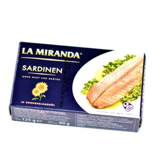 125 g sardiner i solsikkeolje (derav 90 g sardiner), renset, uten skinn og bein