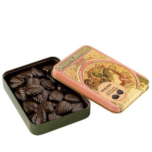 60 g mørke sjokoladeblader i en jugendstildekorert metallboks