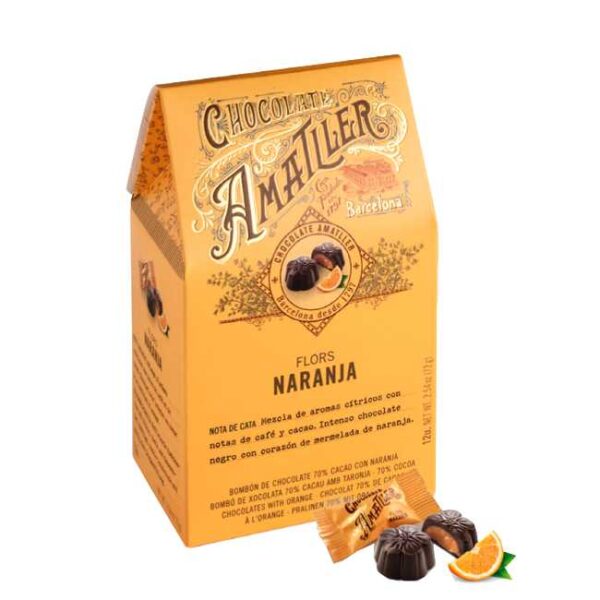 72 g sjokoladeblomster fylt med appelsin, fra Amatller i Barcelona