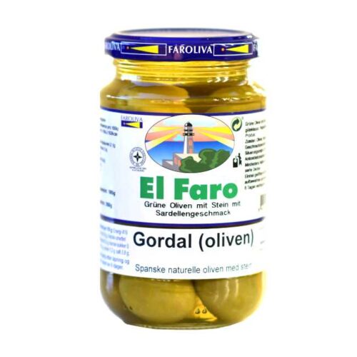 350 g hele gordaloliven i saltlake (derav 185 g oliven) fra El Faro i Murcia (Sør-Spania)