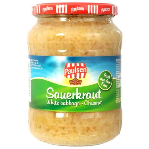 720 ml fermentert surkål (Sauerkraut) fra nordtyske Paulsen, fylt på glass