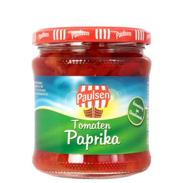 370 ml strimler av tomatpaprika fra Paulsen, fylt på glass