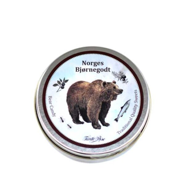 60 g "speiderhagl" (lakrispastiller) i en metallboks med bjørnedekor