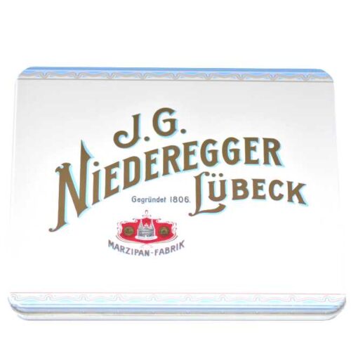 298 g assortert marsipankonfekt med mørkt sjokoladetrekk, fra Niederegger  i Lübeck, i en retro metallboks