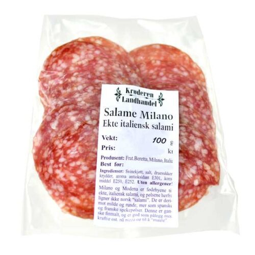100 g skivet, ekte salami av svinekjøtt, produsert i Milano
