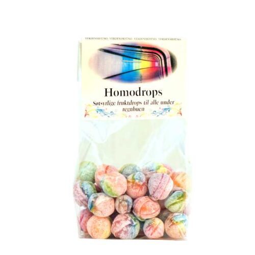 110 g søtsyrlige, regnbuefargede drops ("homodrops")