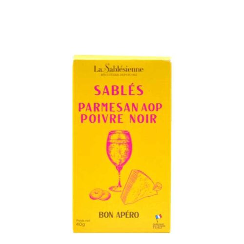 Liten eske med 40 g salte sablés (franske kjeks) med parmesan og pepper