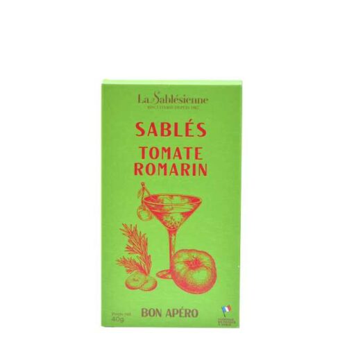 Liten eske med 40 g salte sablés (franske kjeks) med tomat og rosmarin