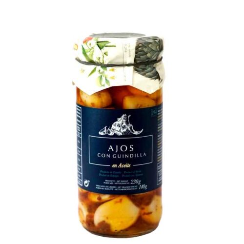 230 g hvitløk (60%) syltet i chilikrydret olje fra Spania