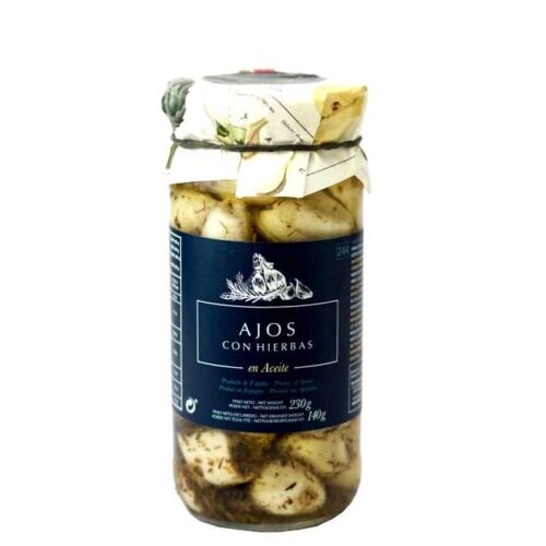 230 g hvitløk (62%) syltet i krydret olje fra Spania