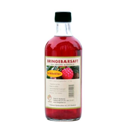 500 ml drikkeklar bringebærsaft fra gården Søndre Bjerkerud