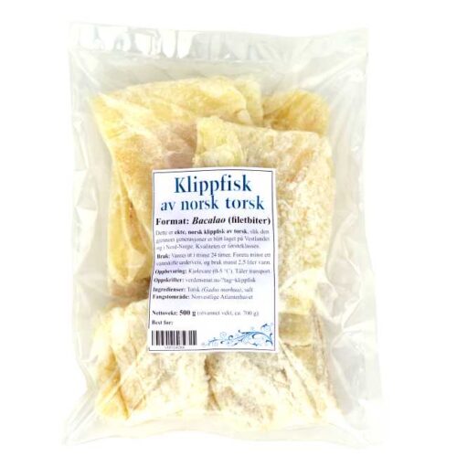 500 g klippfisk av norsk villtorsk, renset og kuttet i bacalaofileter