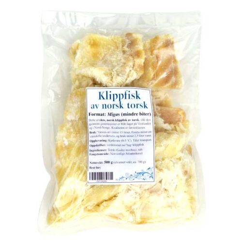 500 g klippfisk av norsk villtorsk, renset og kuttet i små biter (migas)